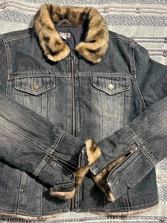 giacca Jackets & Blazers - Giacca Jacket Womens Sz Large Blue Denim Faux Fur Collar Cuffs Lined Bomber